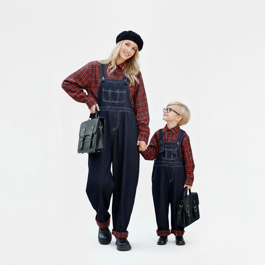 Mother and son wearing boutique brushed fleece-lined denim overalls in Australia.