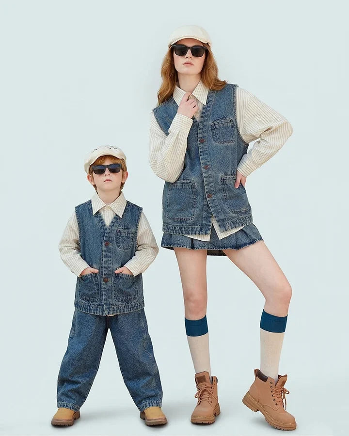 Coordinated mommy and mini-me outerwear including premium jackets, coats, and vests for matching family photoshoots.