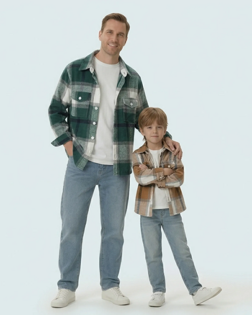 Father and son in matching family outfits: high-quality plaid brushed cotton flannel jackets for outdoor play.