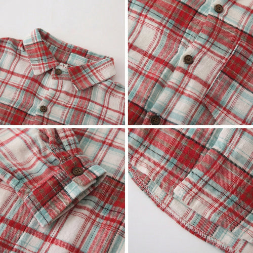 Close-up of the resin buttons and exquisite cuff details on our premium red plaid matching family outfits.