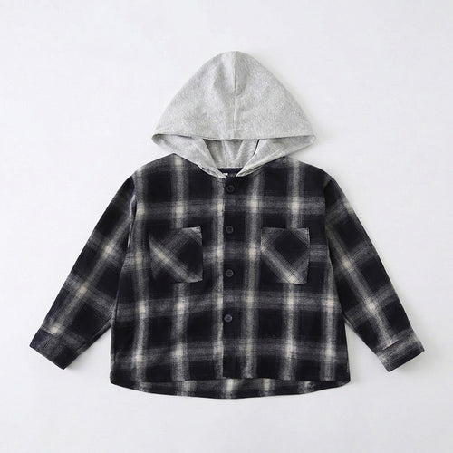 High-quality flat lay of the plaid hooded shirt jacket from our breathable and soft matching family outfits collection.