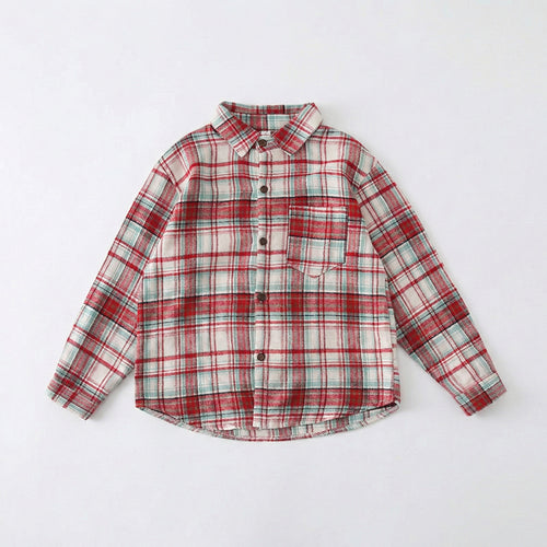 High-quality flat lay of the red plaid shirt from our soft and breathable matching family outfits collection.