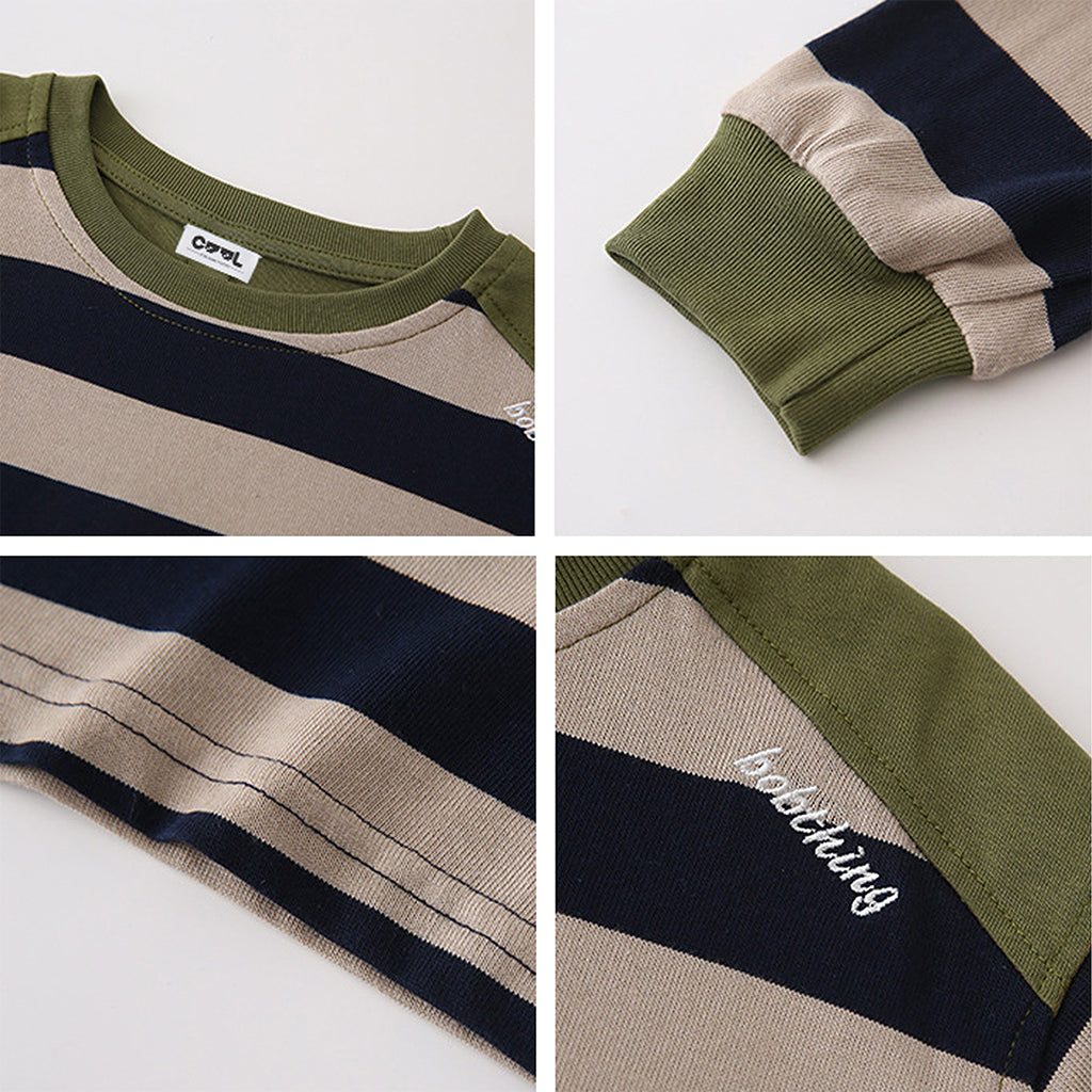 Close-up of the resin buttons and exquisite lapel details on our premium striped matching family outfits.