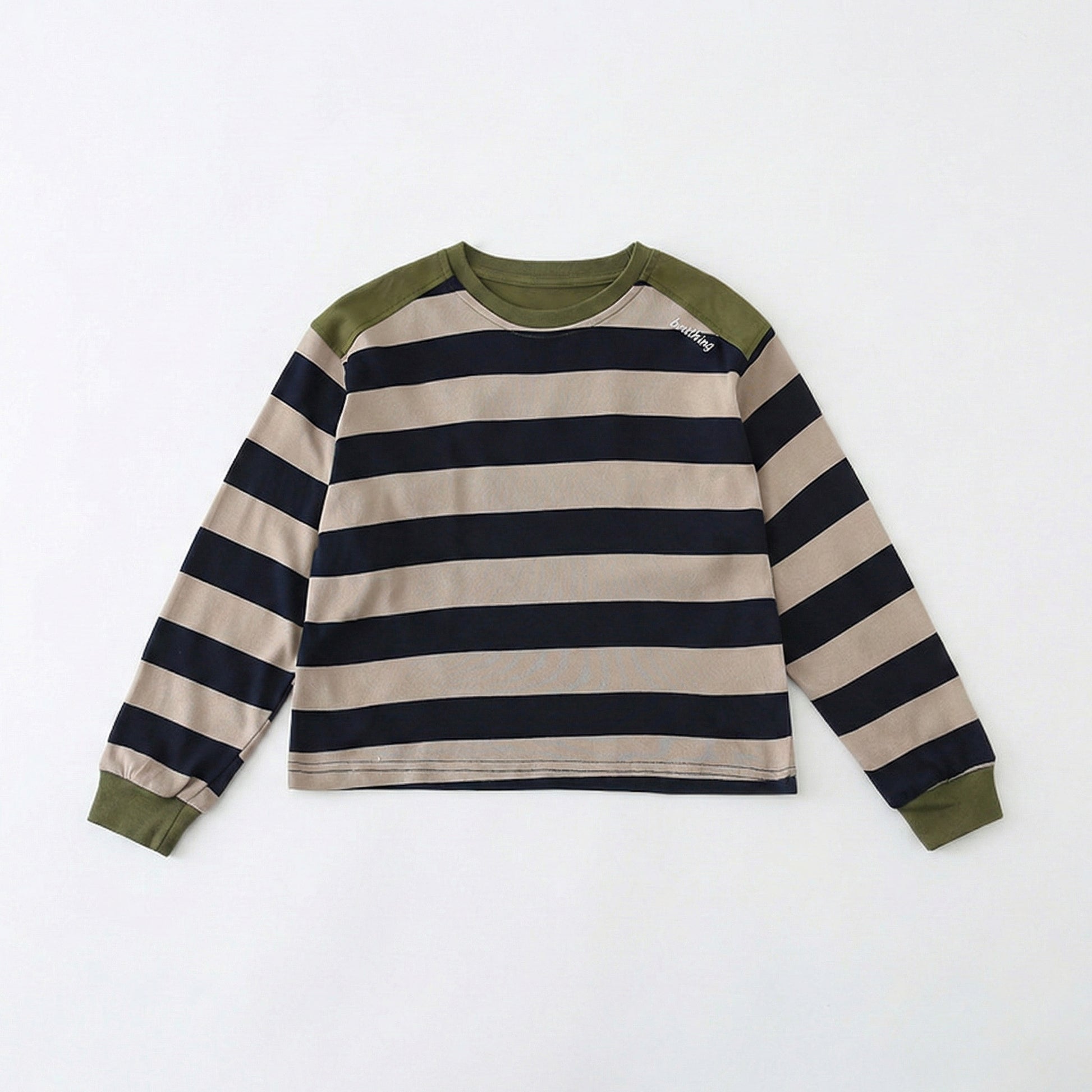 High-quality flat lay of the green striped tee from our soft and breathable matching family outfits.