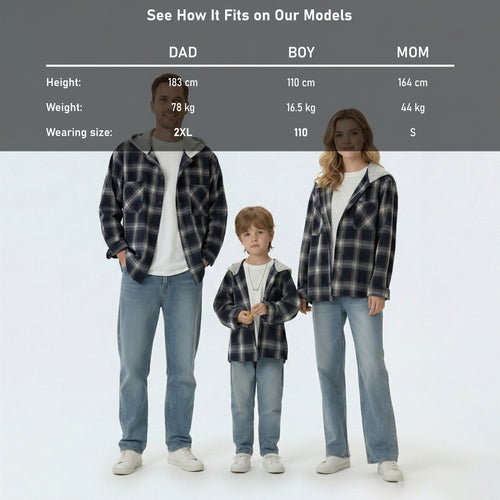 Detailed model height and size guide for our matching family outfits to find the perfect fit for the whole family.
