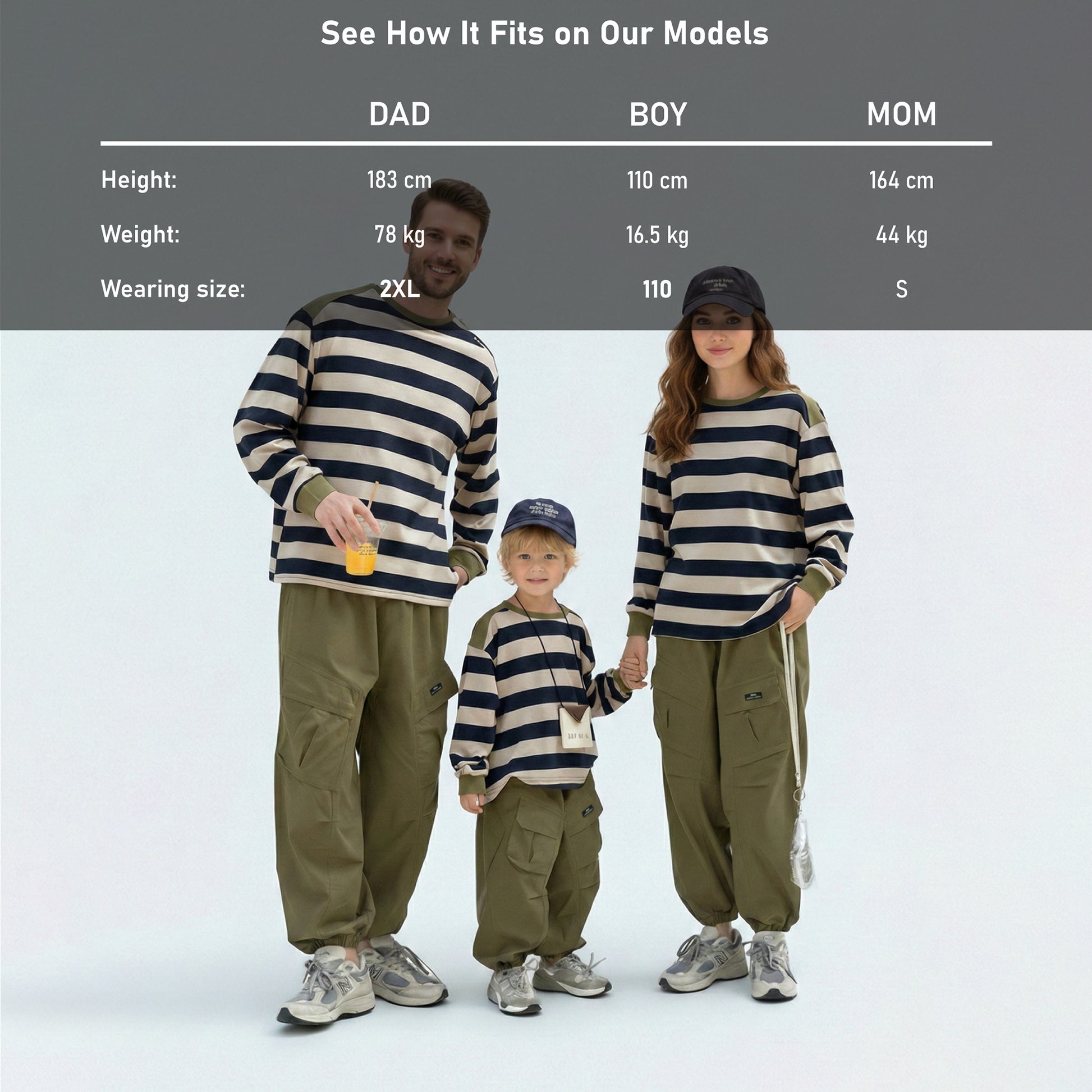 Detailed model height and size guide for our matching family outfits to find the perfect family fit.