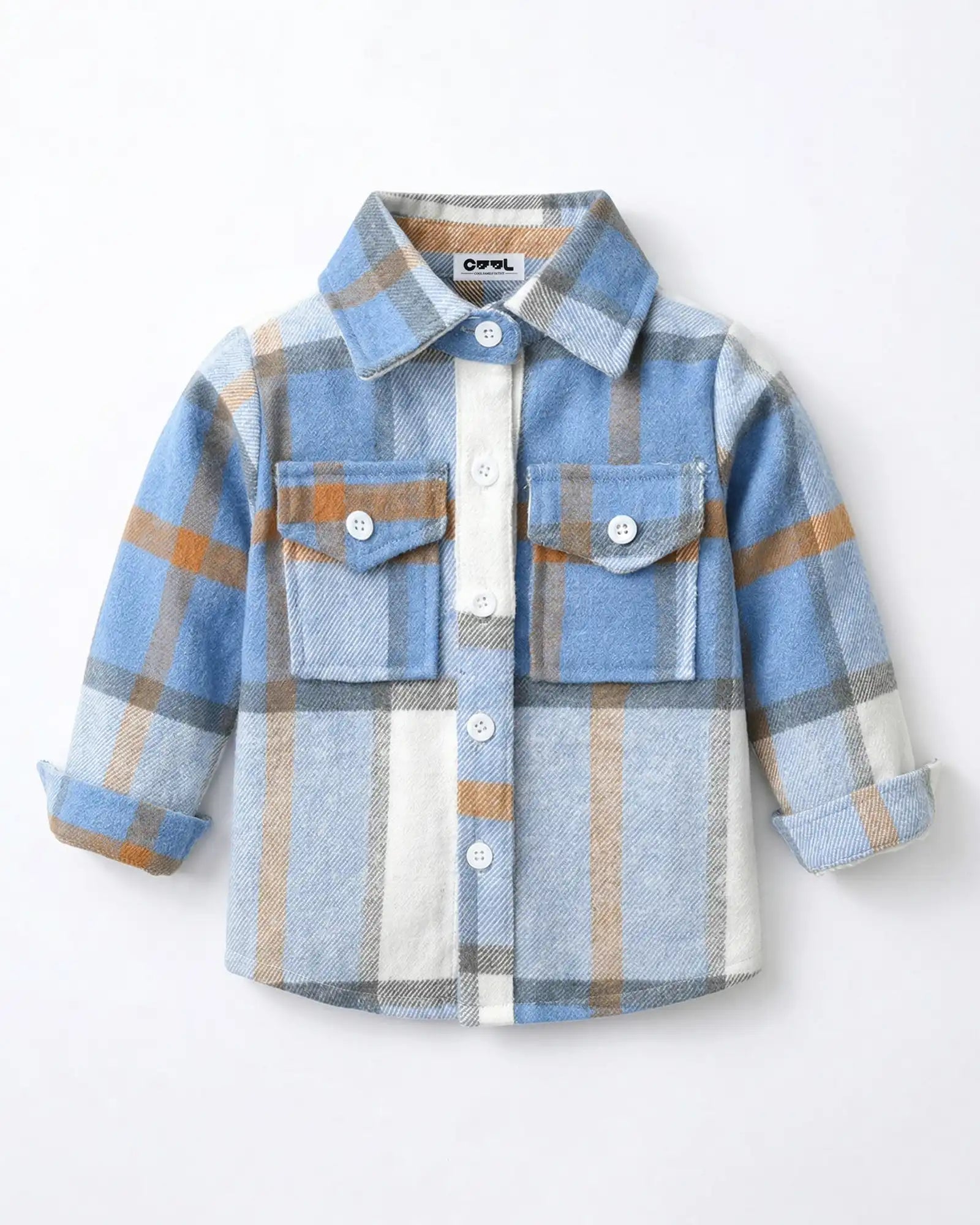 Front view flat lay of the blue 100% cotton brushed flannel shacket from the matching family outfits series.