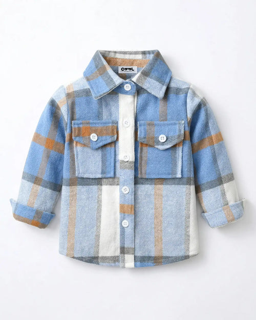 Front view flat lay of the blue 100% cotton brushed flannel shacket from the matching family outfits series.