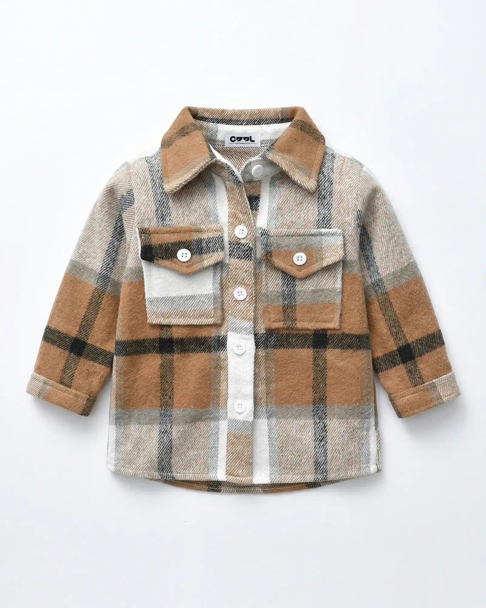 Front view flat lay of the coffee 100% cotton brushed flannel shacket from the matching family outfits series.
