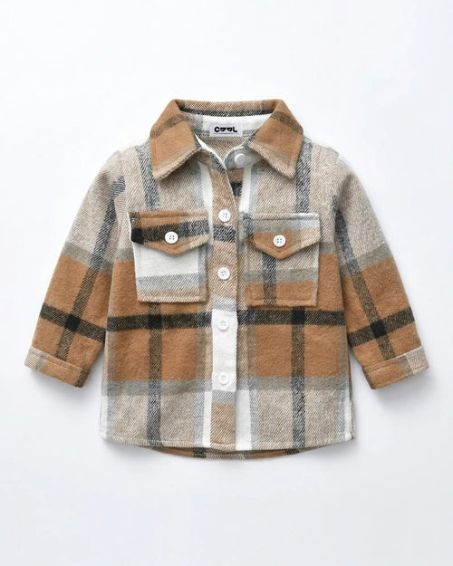 Front view flat lay of the coffee 100% cotton brushed flannel shacket from the matching family outfits series.
