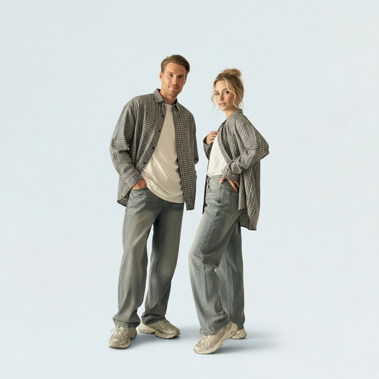 Parents in coordinated matching family outfits featuring the unisex grey small plaid shirt for a smart casual vibe.