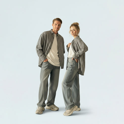 Parents in coordinated matching family outfits featuring the unisex grey small plaid shirt for a smart casual vibe.