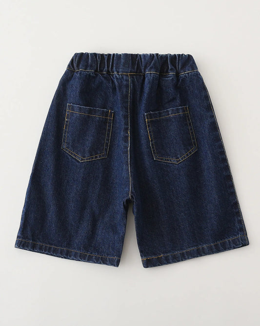 Reverse flat lay of matching family denim shorts showing high-quality stitching and rear pockets.