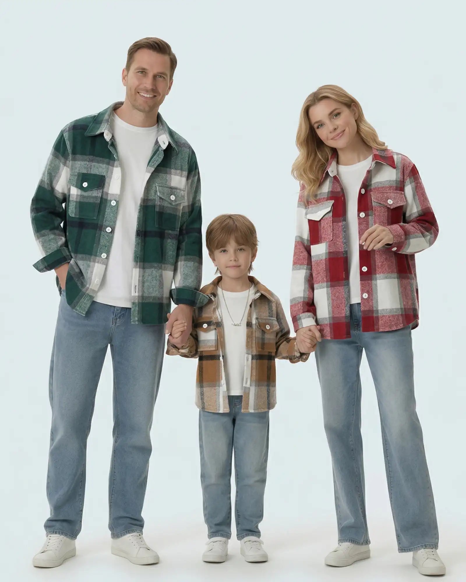 A family posing in matching family outfits: classic plaid 100% brushed cotton flannel shackets.