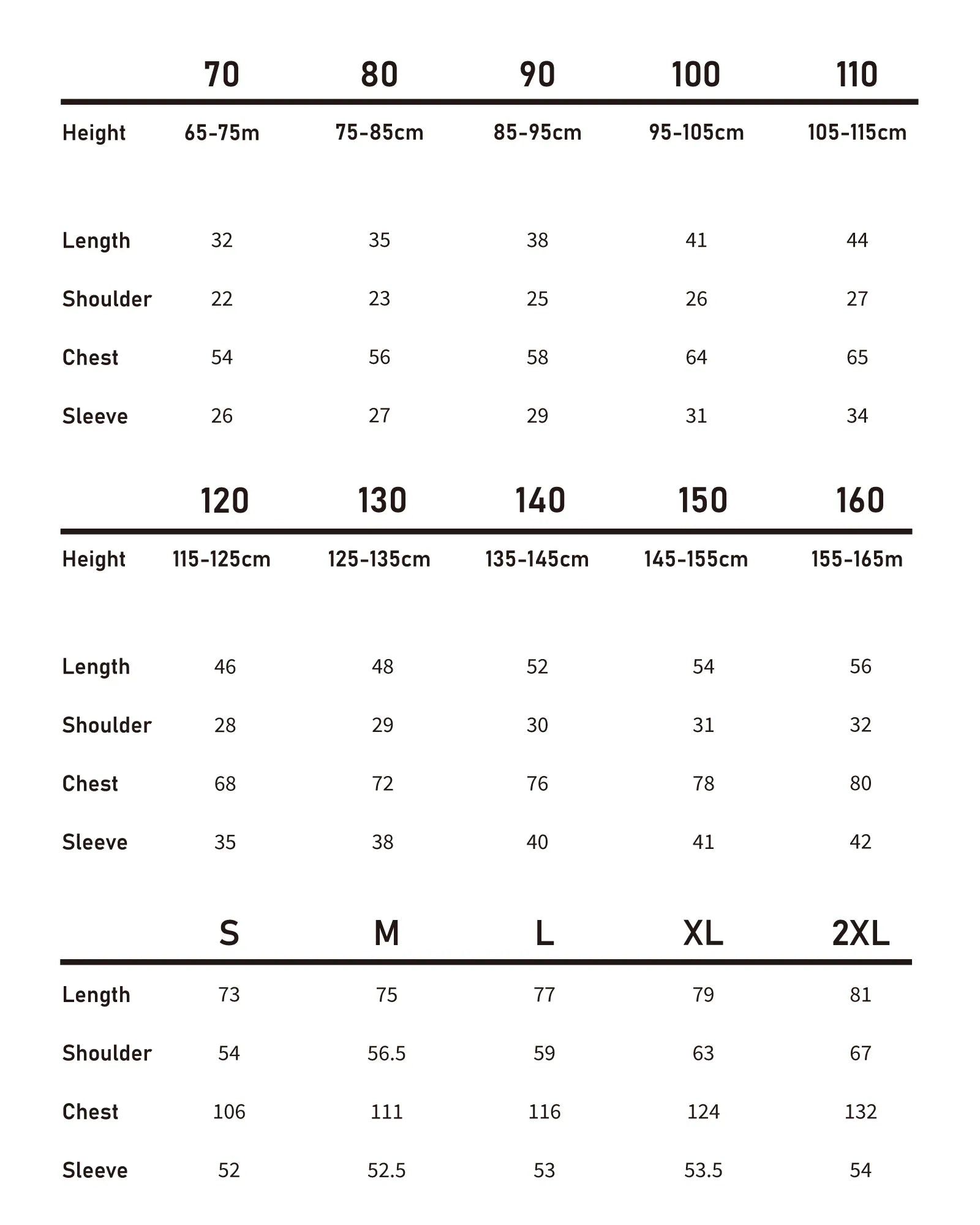 Detailed size chart for kids and adults in the brushed cotton flannel matching family outfits collection.