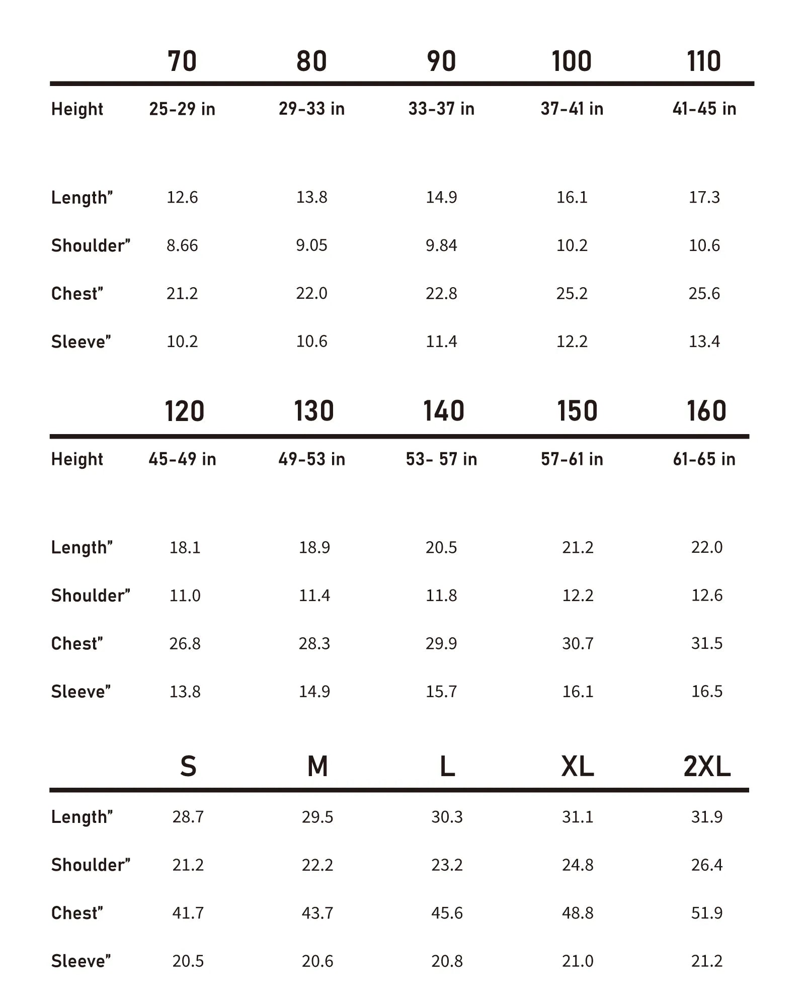 Detailed size chart for kids and adults in the brushed cotton flannel matching family outfits collection.
