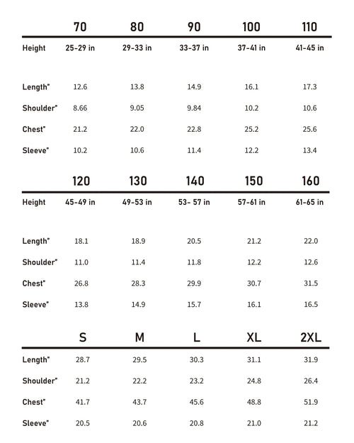 Detailed size chart for kids and adults in the brushed cotton flannel matching family outfits collection.