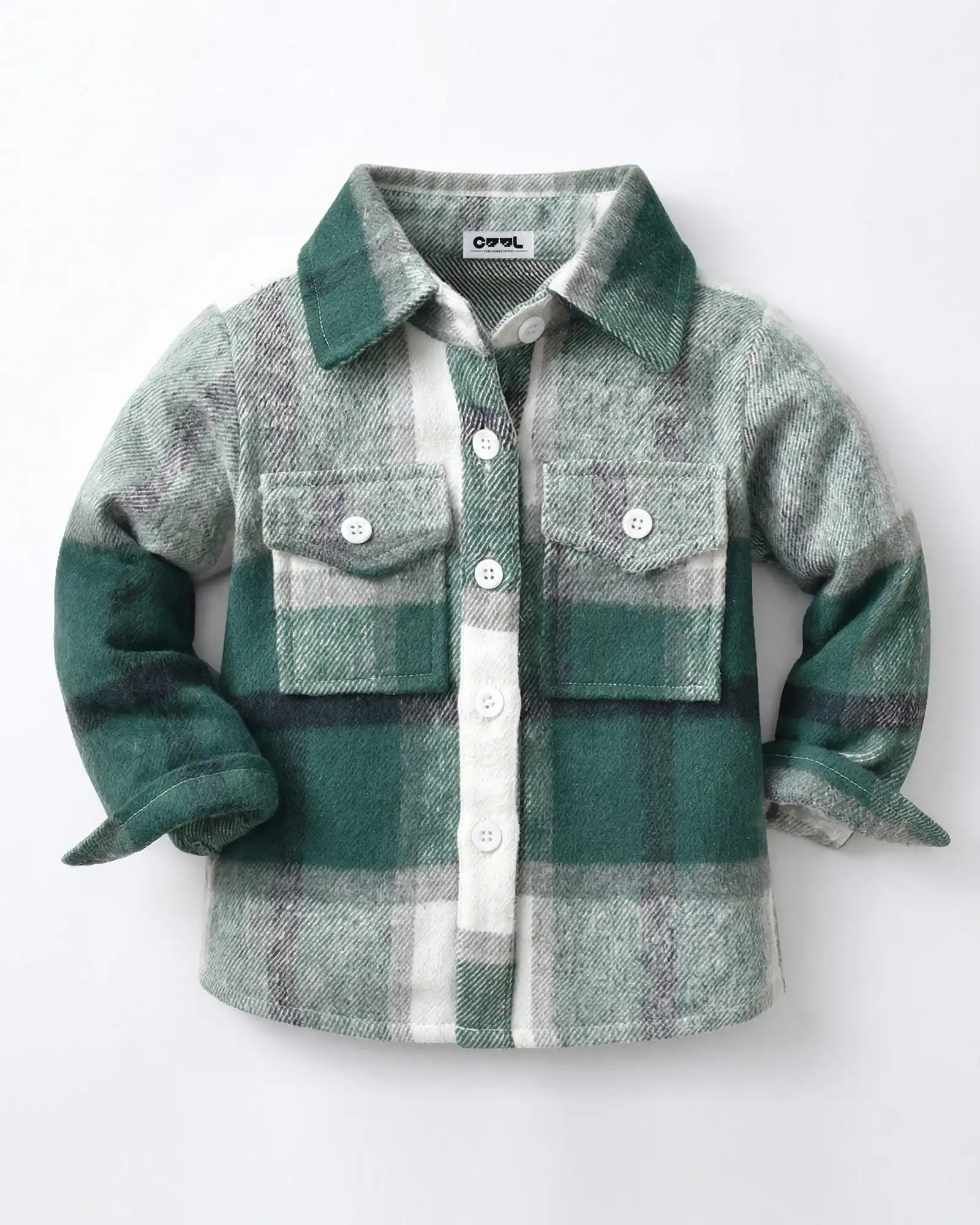 Front view flat lay of the green 100% cotton brushed flannel shacket from the matching family outfits series.