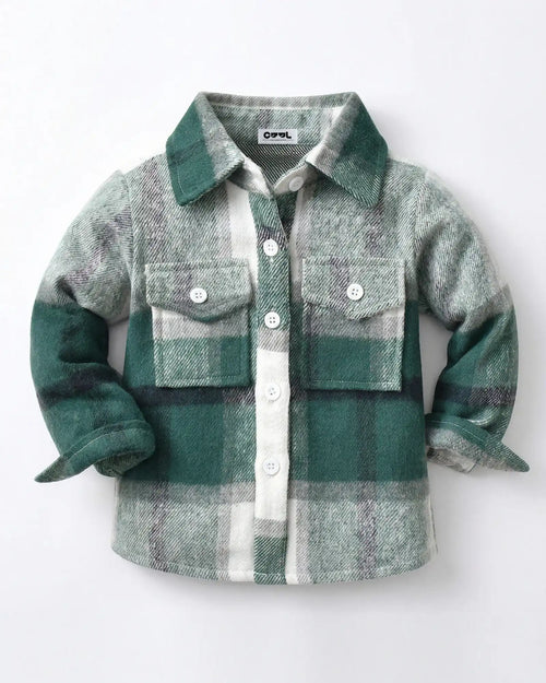 Front view flat lay of the green 100% cotton brushed flannel shacket from the matching family outfits series.