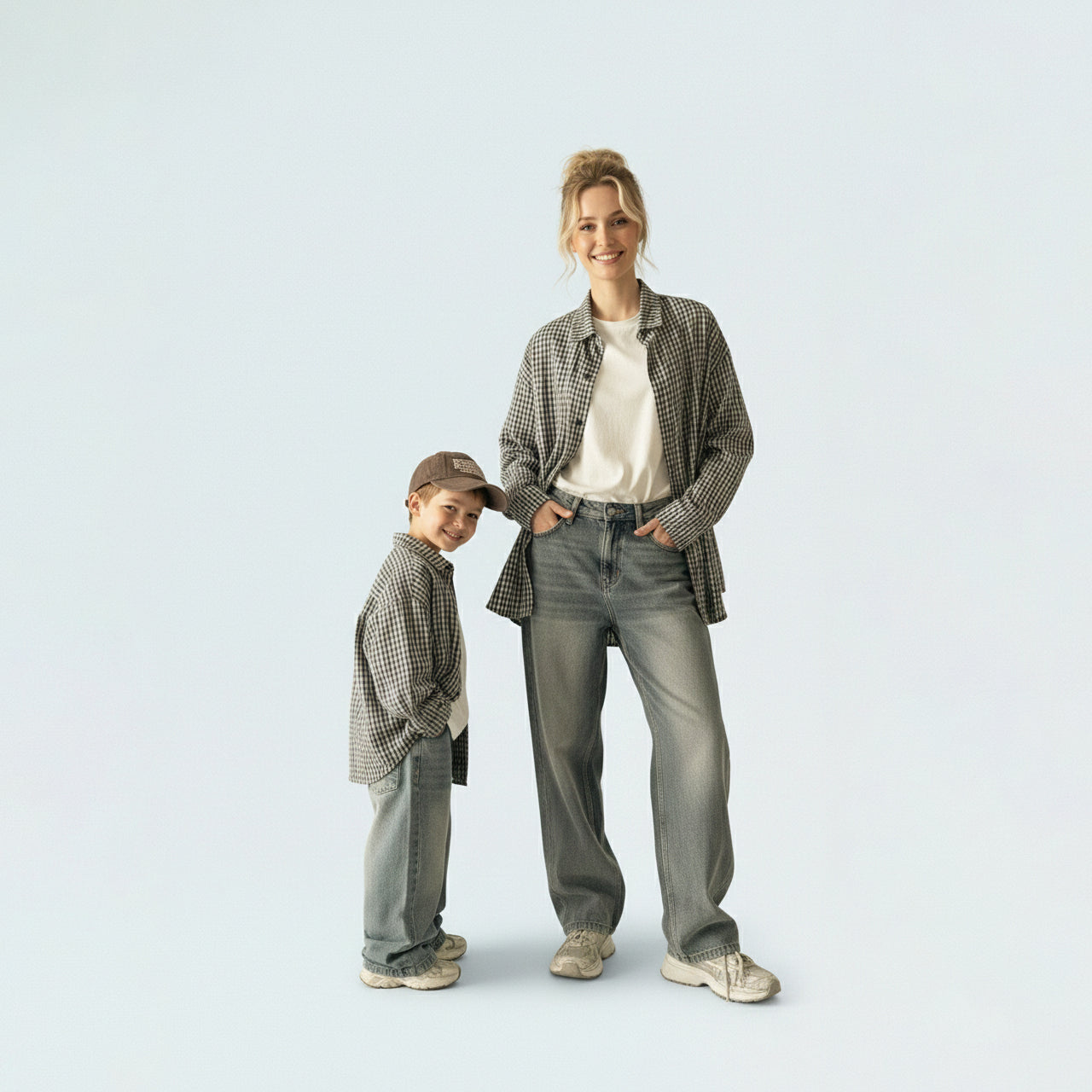 Mother and daughter in matching family outfits showcasing the elegant mini-me grey small plaid shirt style for outings.