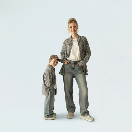 Mother and daughter in matching family outfits showcasing the elegant mini-me grey small plaid shirt style for outings.