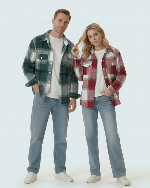 Couples wearing matching family outfits: green and Red brushed cotton flannel shirts in Melbourne style.