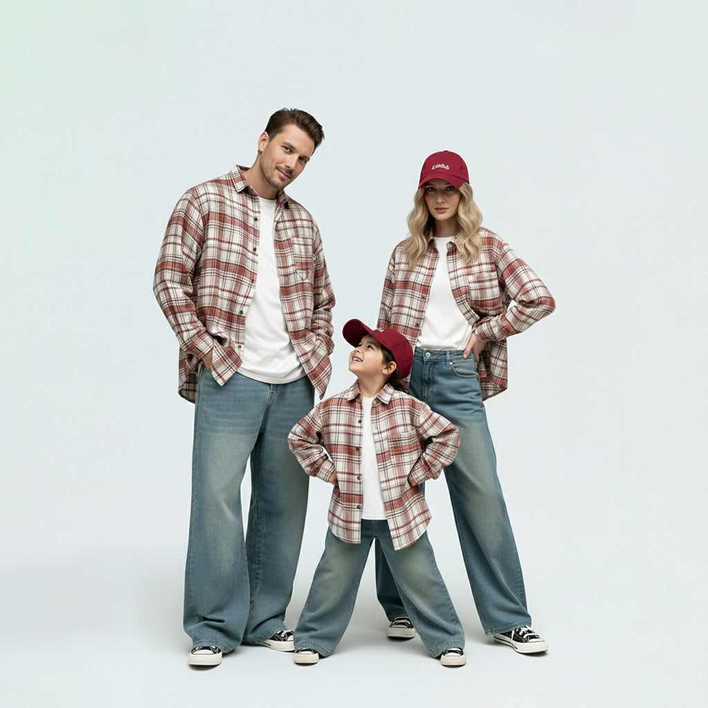 Coordinated family in matching family outfits, perfect for a rustic outdoor weekend or school run in Australia.