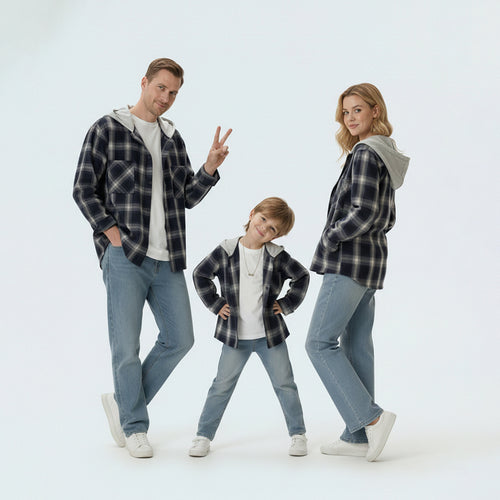 Coordinated family in matching family outfits, perfect for a casual outdoor weekend or camping trip in Australia.