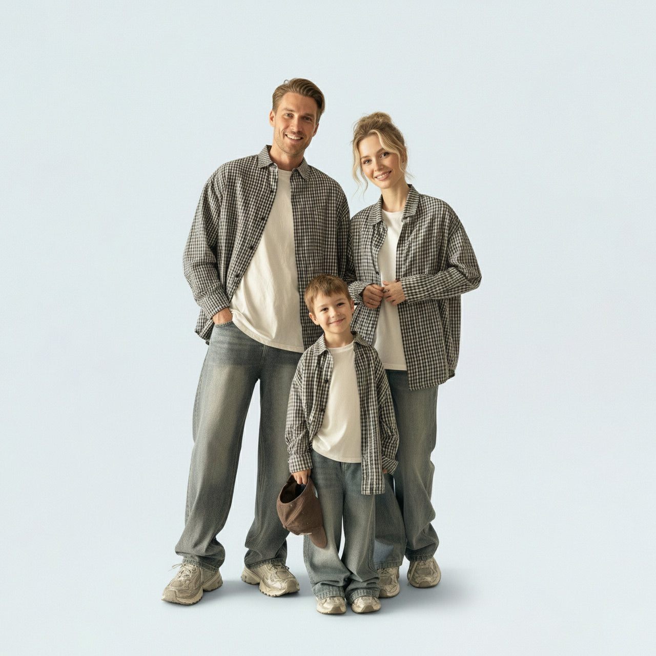 Photo-ready family in matching family outfits, ideal for a spring picnic or a casual Aussie weekend outdoor celebration.