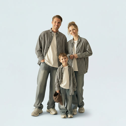 Photo-ready family in matching family outfits, ideal for a spring picnic or a casual Aussie weekend outdoor celebration.