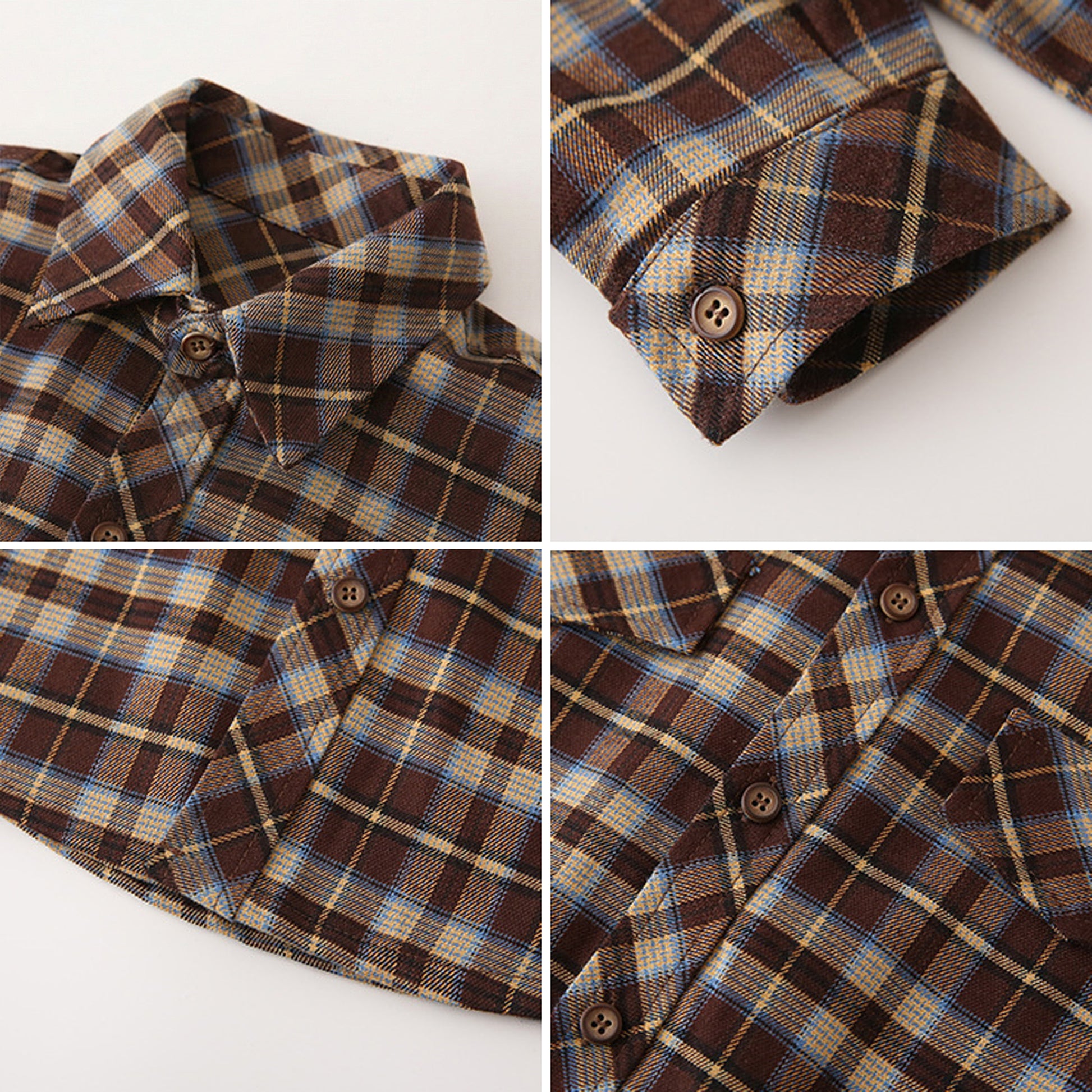 Close-up of the lapel and stitching details on our premium brown plaid matching family outfits for global shipping.