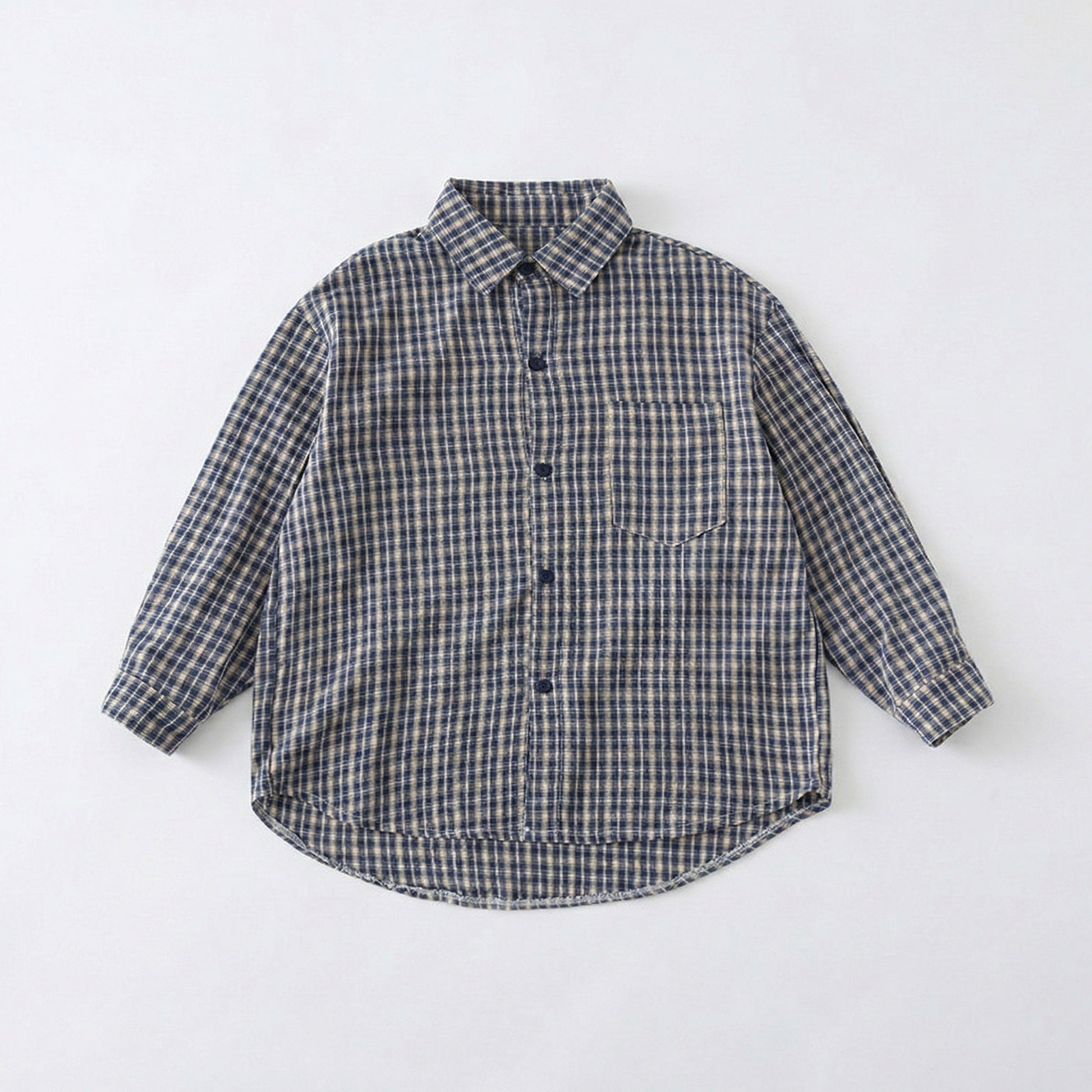 High-quality flat lay of the grey small plaid shirt from our soft and breathable matching family outfits collection.