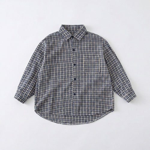 High-quality flat lay of the grey small plaid shirt from our soft and breathable matching family outfits collection.