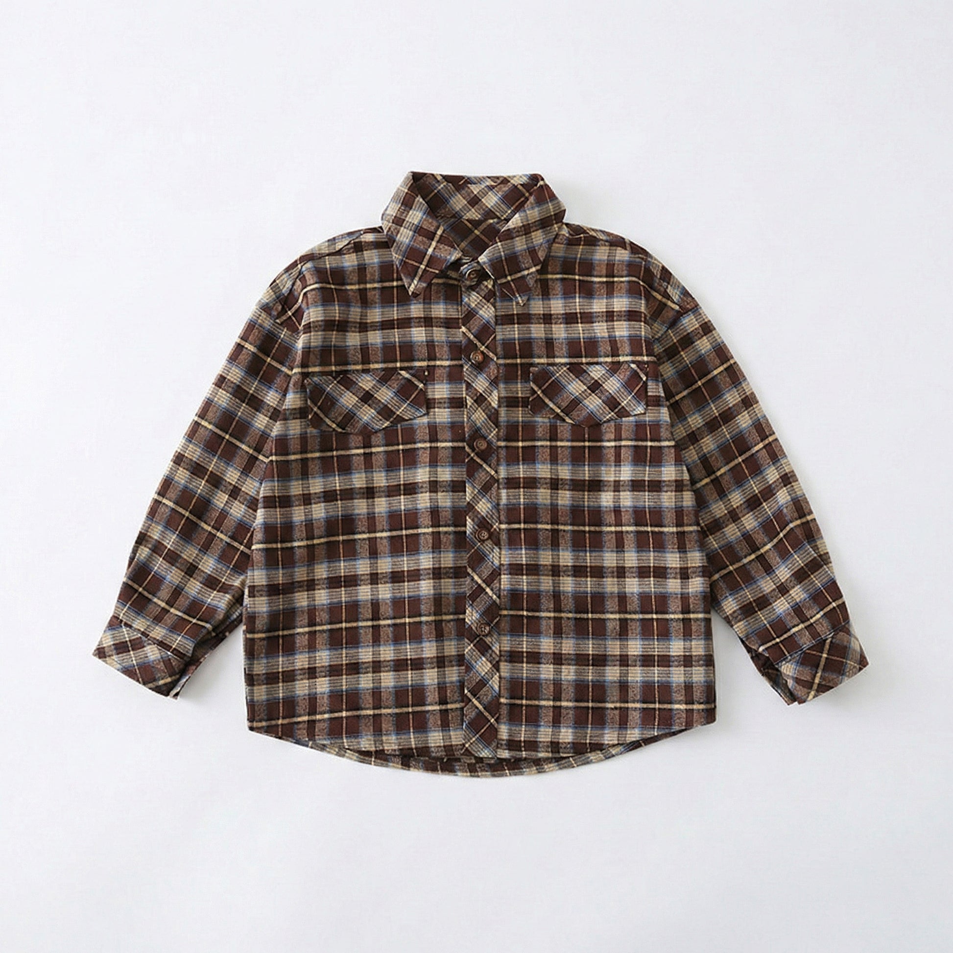 High-quality flat lay of the brown plaid shirt from our durable and breathable matching family outfits collection.