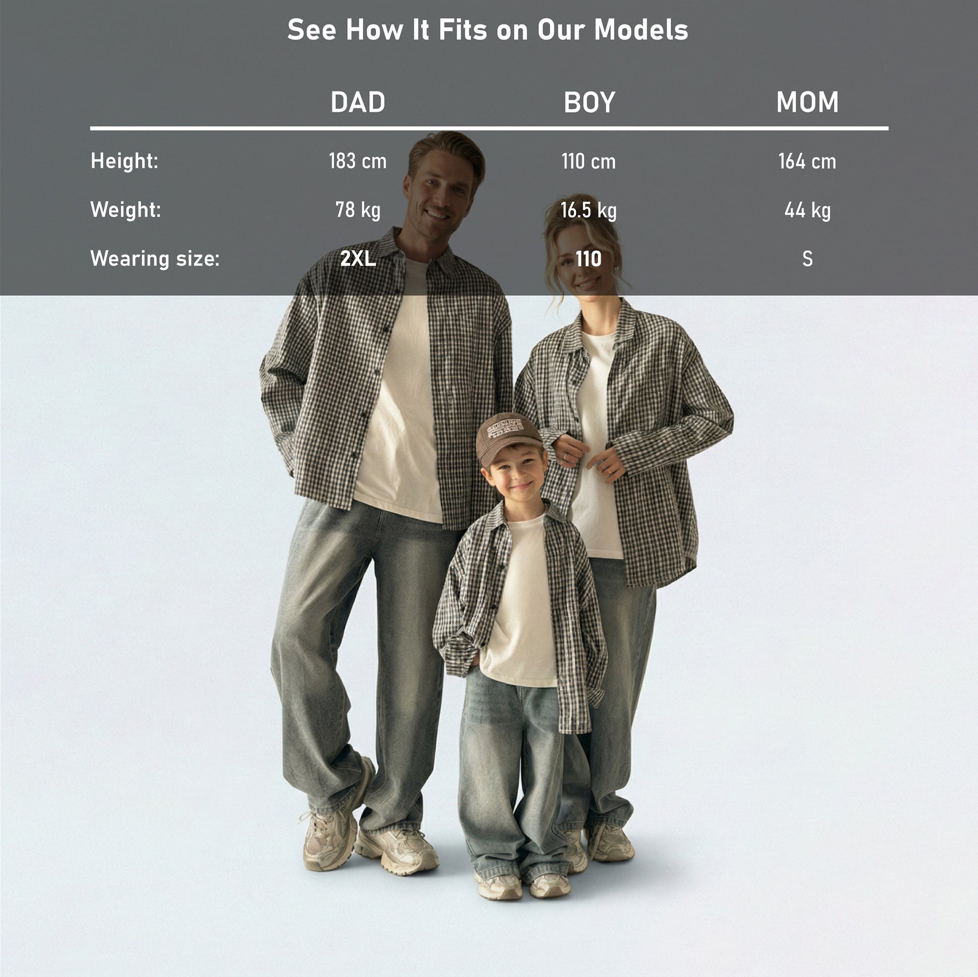 Detailed model height and size guide for our matching family outfits to find the perfect cotton plaid fit for everyone.