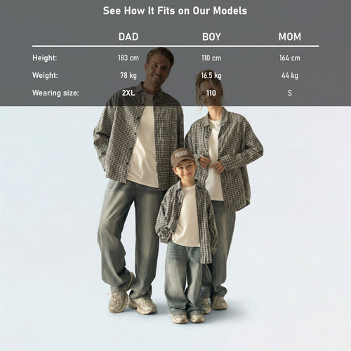 Detailed model height and size guide for our matching family outfits to find the perfect cotton plaid fit for everyone.