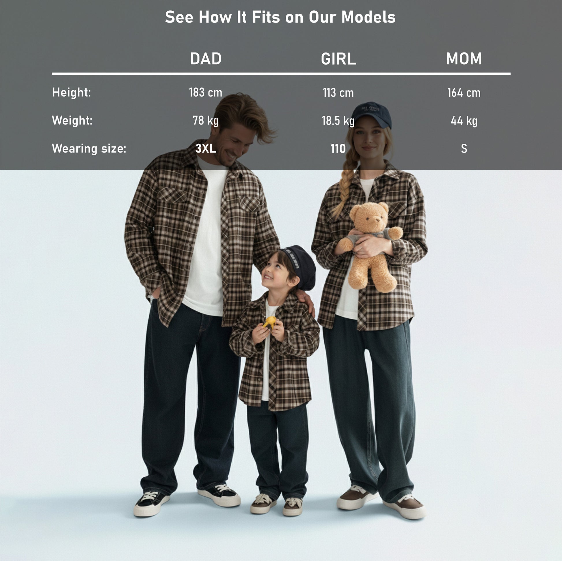 Detailed model height and size guide for our matching family outfits to find the perfect brown plaid shirt fit.