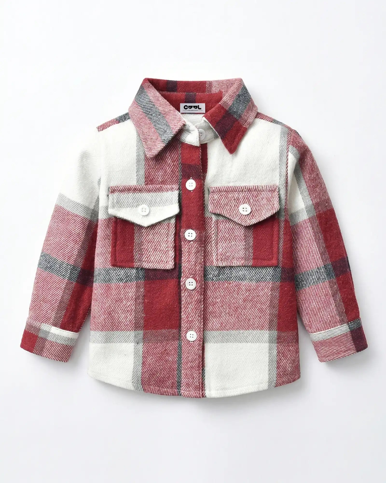 Front view flat lay of the red 100% cotton brushed flannel shacket from the matching family outfits series.
