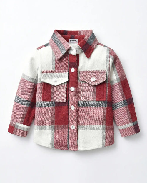 Front view flat lay of the red 100% cotton brushed flannel shacket from the matching family outfits series.