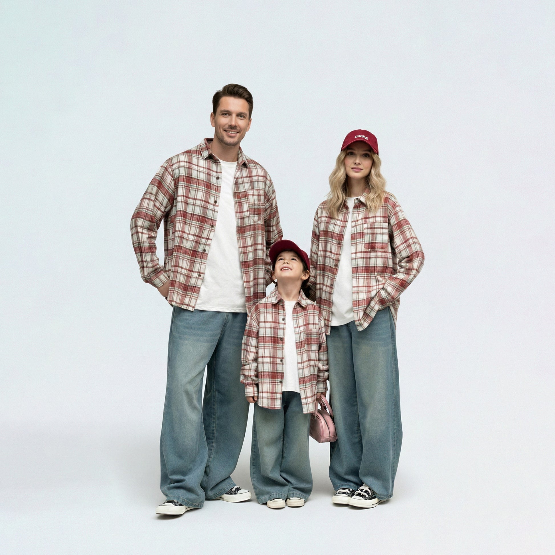 Full family in matching family outfits wearing red plaid brushed cotton shirts for a coordinated autumn look.