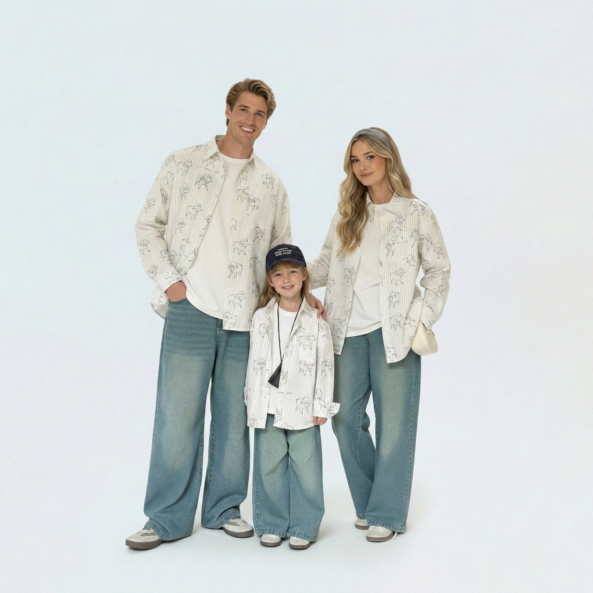 Photo-ready family in matching family outfits, perfect for an Australian farm visit or casual outdoor celebration.