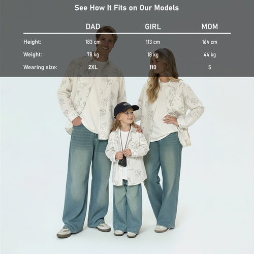 Detailed model height and size guide for our matching family outfits to find the perfect cotton shirt fit.