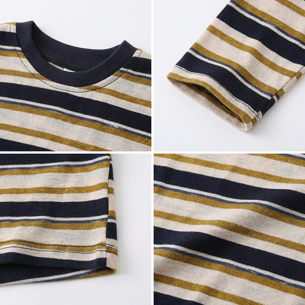 Close-up of the delicate cuffs and neat hem on our premium striped matching family outfits.