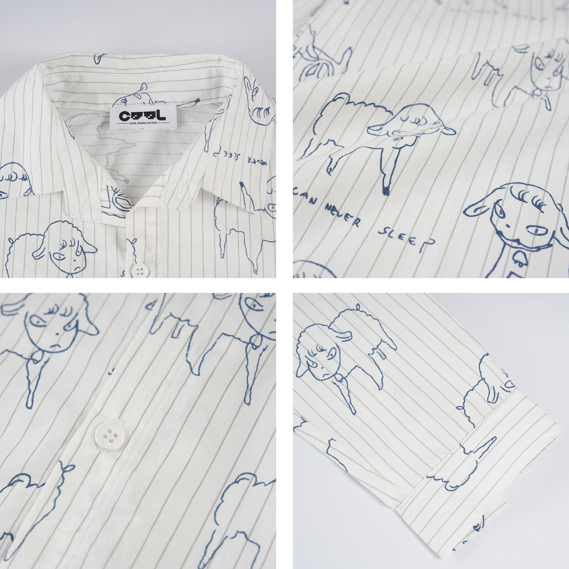 Close-up of the resin buttons and exquisite cuff details on our premium sheep print matching family outfits.