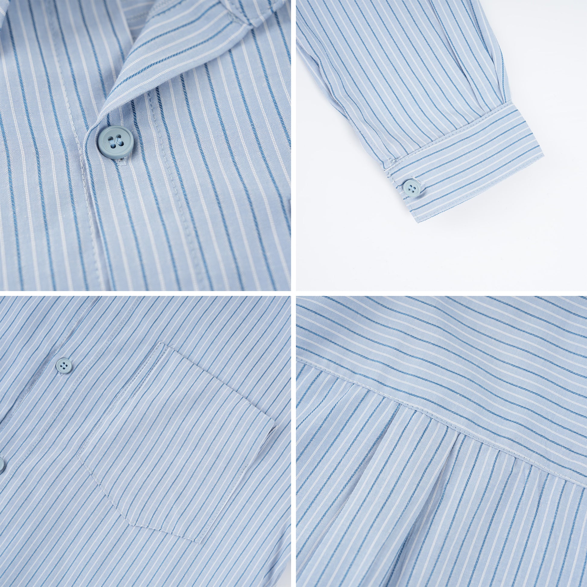 Close-up of the lapel and stitching details on our premium cotton striped matching family outfits for global shipping.