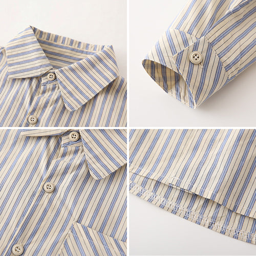 Close-up of the lapel and stitching details on our premium cotton striped matching family outfits for global shipping.