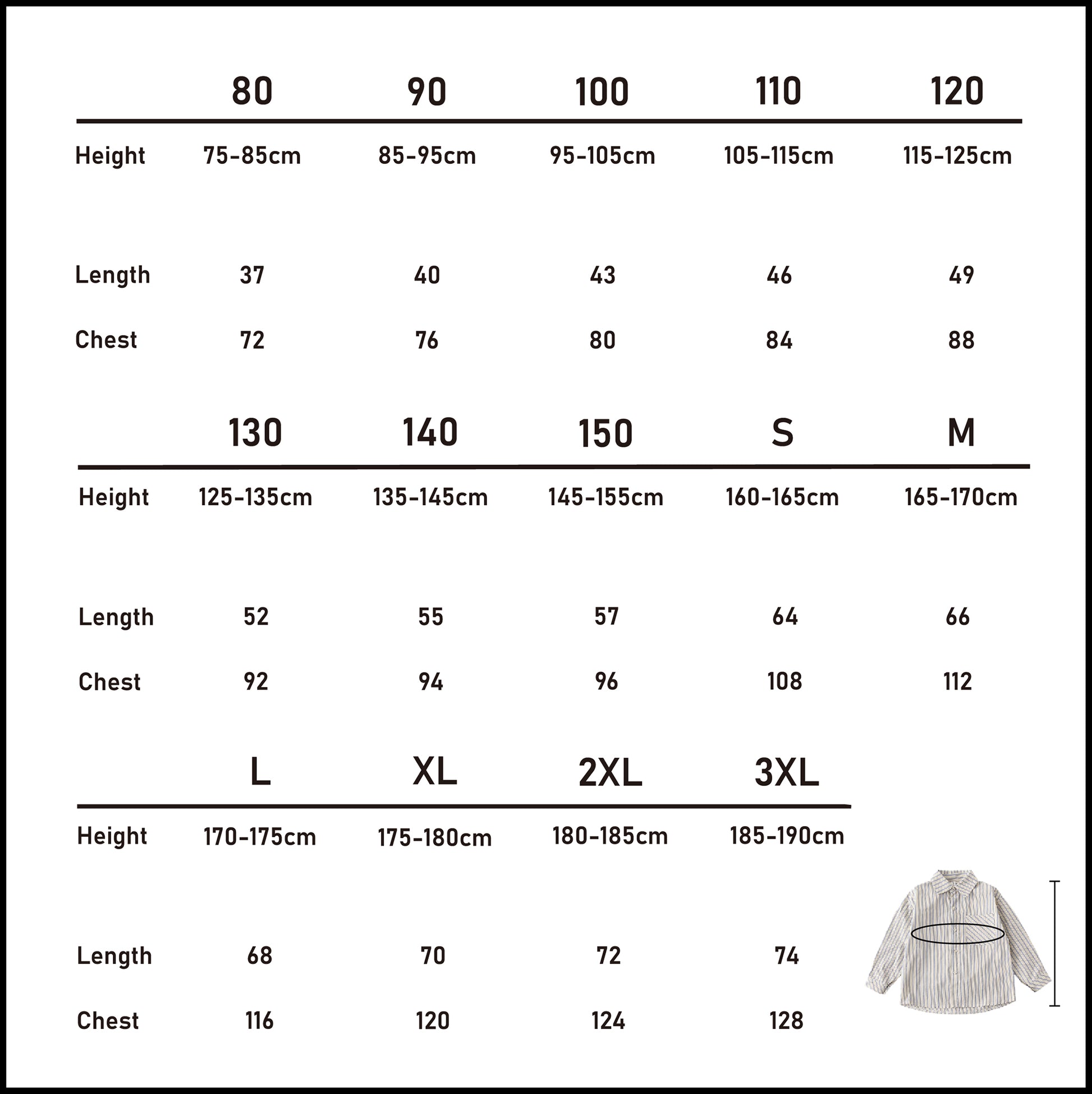Metric size chart (cm) for the blue striped shirt in our matching family outfits range, covering sizes 80 to 3XL.