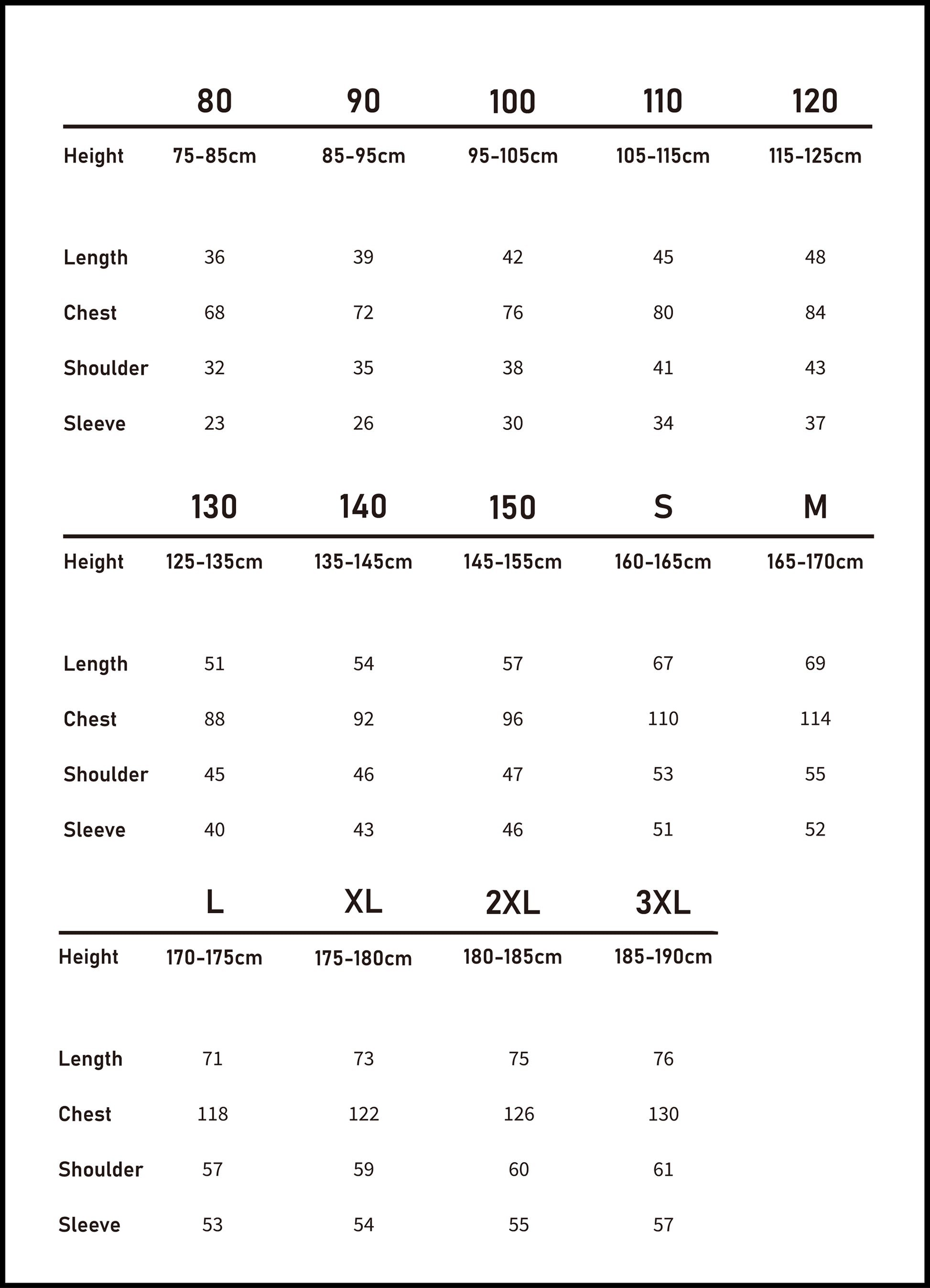 Metric size chart (cm) for the red plaid brushed cotton shirt in our matching family outfits range.