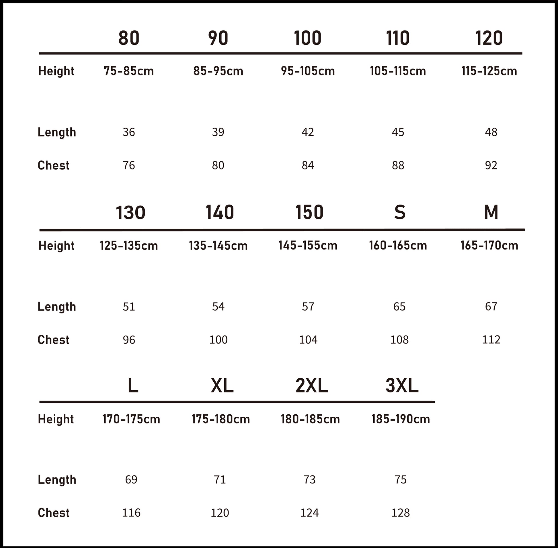 Metric size chart (cm) for the striped long sleeve tee in our matching family outfits range.