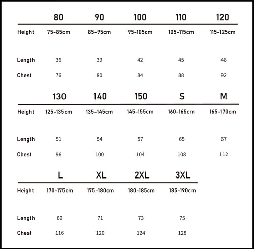Metric size chart (cm) for the striped long sleeve tee in our matching family outfits range.